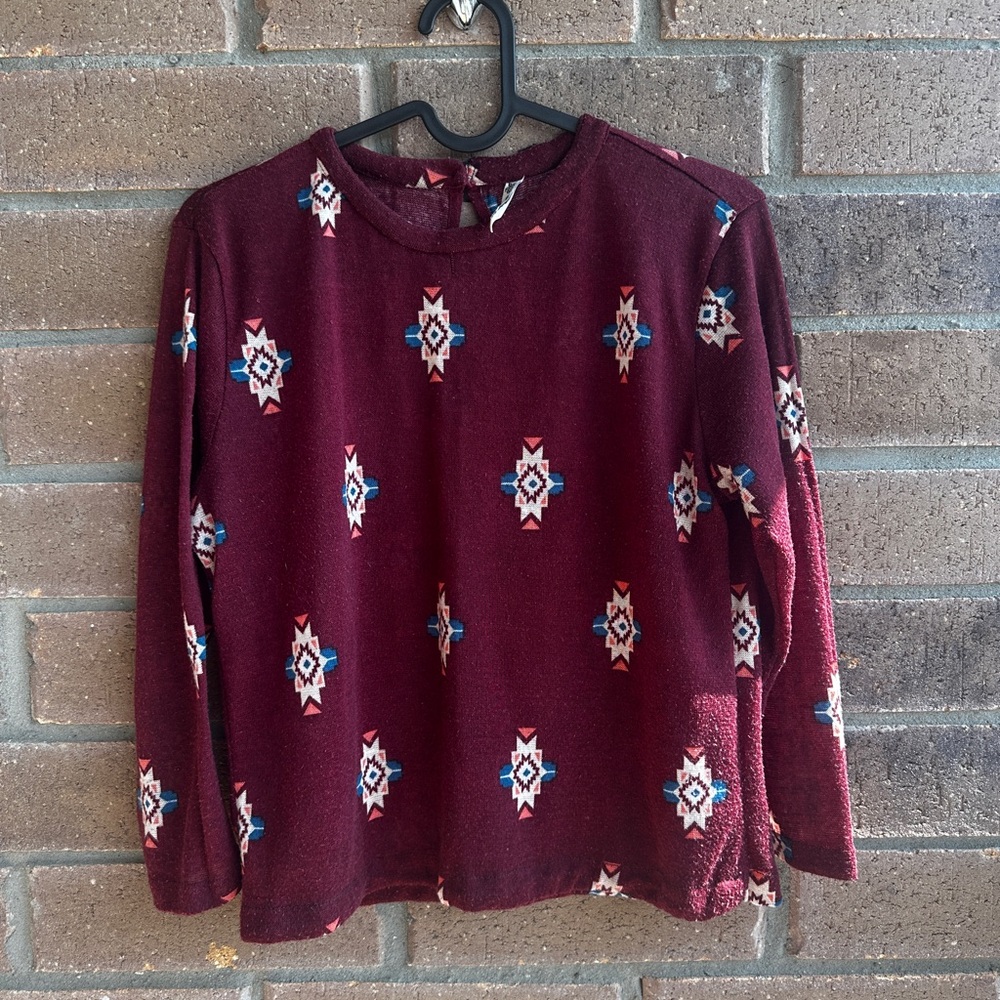 Denim&Co Burgundy Long Sleeve Top with Geometric Pattern